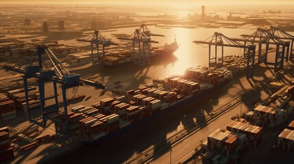 AI Generative Super Realistic Ultra details Aerial shot of the sea Port ship loading by cranes. 
