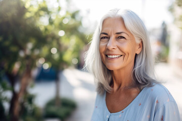 Senior woman, smile and nature while outdoor for freedom, happiness and a healthy lifestyle with fitness and fresh air. Generative AI