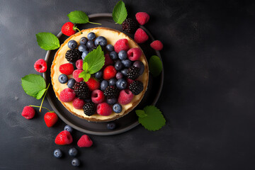 cheesecake is a dessert that is an open pie or even a cake decorated with fresh berries closeup on the plate. Horizontal top view. Generative AI - obrazy, fototapety, plakaty