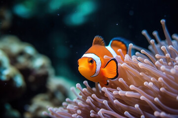 Naklejka na ściany i meble Tropical sea corals and clown fish (Amphiprion percula). Generative AI