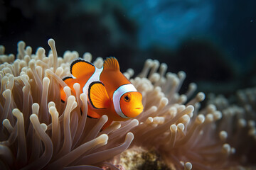 Tropical sea corals and clown fish (Amphiprion percula). Generative AI - obrazy, fototapety, plakaty