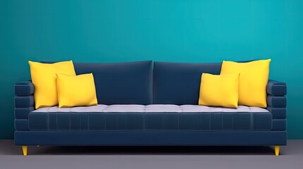 Dark blue soft sofa with yellow pillows staying in room with grey floor on blue wall background. Minimalistic design. AI generative