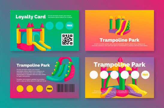 Trampoline park loyalty card for collect sticker stamp getting free template design set vector
