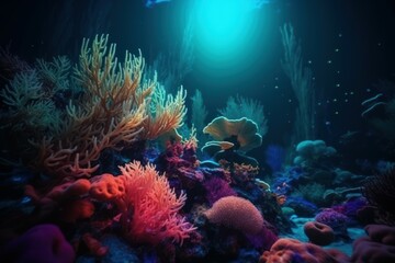 Naklejka na ściany i meble Coral reef closeup underwater. Generate Ai