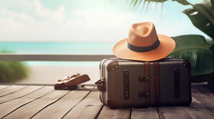 Suitcase, hat and accessories on the wooden floor with a sea background. Travel concept. Generative AI
