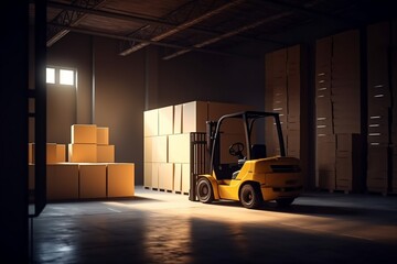 Naklejka premium transportation delivery forklift sun distribution warehouse box storage cargo logistic. Generative AI.