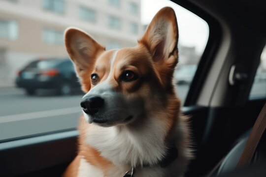 Corgi dog car trip. Generate Ai