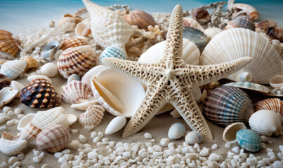 Fototapeta na wymiar A beautiful and colorful collection of shells, beads, and starfish