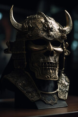 Close-up of a traditional helmet and mengu mask samurai, Japanese medieval armor, art generated by ai	