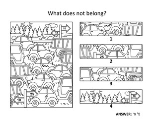 Сars and trucks on the road. Visual puzzle or picture riddle: What does not belong? Or, spot the odd one out. Answer included.
