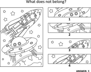 Space explorationю UFO and spaceship near the Earth. Visual puzzle or picture riddle: What does not belong? Or, spot the odd one out. Answer included.  © ratselmeister