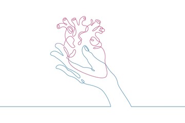 One continuous line. The hand holds a human heart. Medicine . Human heart in the surgeon's hand. Symbol of life and love. Blue hand red heart. One continuous line drawn isolated, white background.