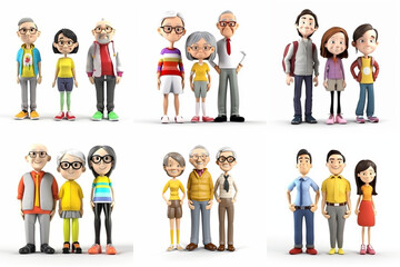 Happy 3D Families Set on White - Modern Caricatures Character Style Created with Generative AI and Other Techniques