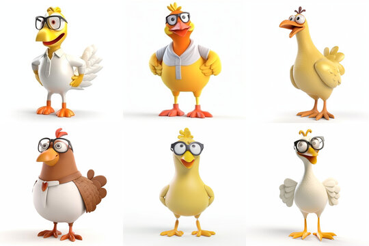 Cheeky Chicken Crew: 6 Fun 3D Poultry Characters on White Background Created with Generative AI and Other Techniques