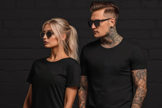blond girl and tatoo model lifestyle black t shirt mockup design ai generated art