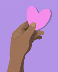 Outpouring. Greeting card. Valentine's Day. Help. Donate. Vector isolated illustration of a human hand holding a heart. Give a heart.