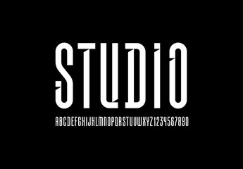 Longest font, high white alphabet, croppered letters and numbers made Internal angled serifs bevel type, for your designs: logo, movie banner, cinema poster or newspaper, vector illustration 10EPS