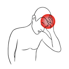Vector isolated illustration of headache. Line drawing of a man holding his head. Concentration of headache. Migraine.