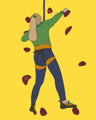 Vector isolated illustration of a girl on a climbing wall. Training for climbers.