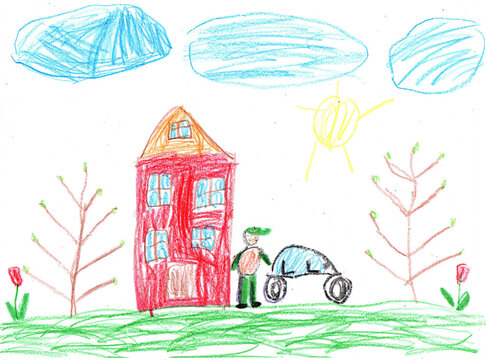 Child drawing buildings and cars. Happy family on a walk outdoors