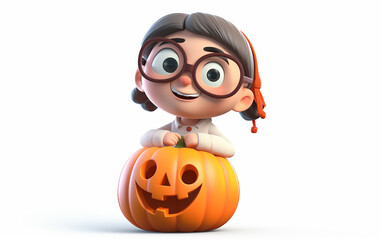 Obraz premium Curious little girl with glasses and pigtails, eagerly peeking over a large Halloween pumpkin, radiating festive enthusiasm.