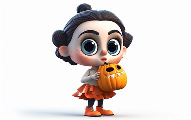 Adorable animated girl with big expressive eyes, holding a carved pumpkin, ready to celebrate Halloween in her festive attire.