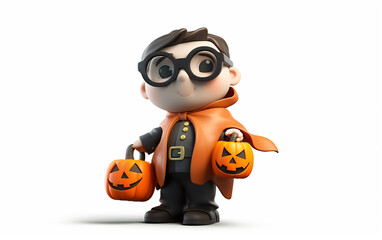 Fototapeta premium 3D illustration of a young boy in glasses and an orange cape, holding two Halloween pumpkins. The character showcases festive excitement, perfect for Halloween themes and events.