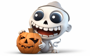 3D illustration of a cheerful skeleton character holding a carved pumpkin. With big expressive eyes and a playful demeanor, this image perfectly embodies Halloween fun.