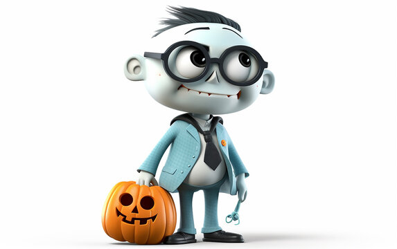 3D illustration of a quirky little zombie boy in formal attire, holding a carved pumpkin. His mismatched eyes and stitched suit add a fun, spooky touch perfect for Halloween-themed projects.