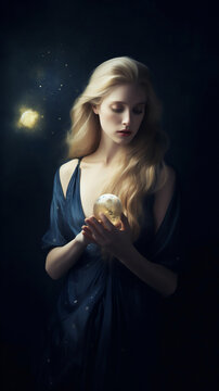 The concept of the symbolism of the planets in Astrology. A girl with long hair against the background of the starry sky holds planet in her hands as a symbol of the Moon
