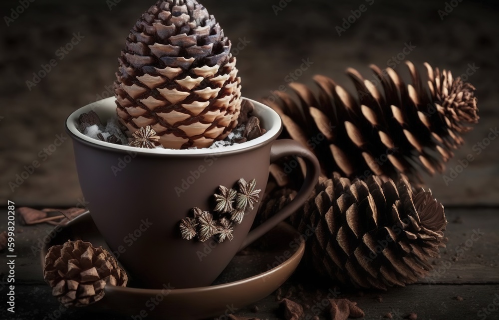 Poster copy space with a mug of cocoa and some pine cones generative ai