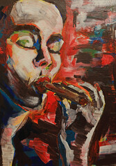 Acrylic portrait in pop art style of a woman eating a long biscuit tube