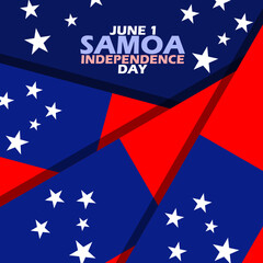 Stacks of Samoan national flags with bold text and stars on dark blue background to commemorate Samoa Independence Day on June 1