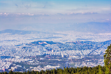 Athens cloudy cityscape panorama from mount Hymettus. Greece