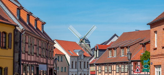 Panorama old town with windmill of Roebel Mueritz germany Mecklenburg Lake District