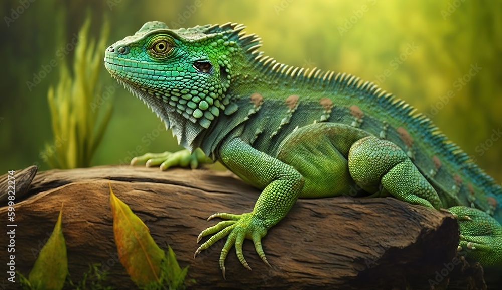 Poster green iguana-sized lizard lounging on a log in the grass generative ai