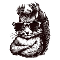 funny squirrel wearing sunglasses in a cross hands pose, cool squirrel sketch - obrazy, fototapety, plakaty