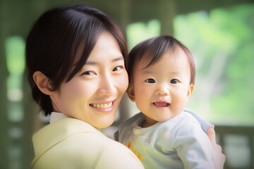 愛情たっぷりに子どもを抱っこする母親。日本人の親子