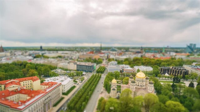 Timelapse with tilt-shift effect of the view of the center of Riga from above