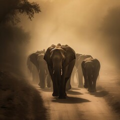 Fototapeta na wymiar A Group of Elephants Walking Down a Dusty Road in the Dark, Kicking Up Dust as They Go. Generative AI