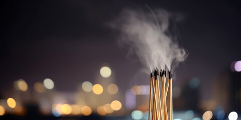 fragrant sticks smoke at night, generative AI - obrazy, fototapety, plakaty