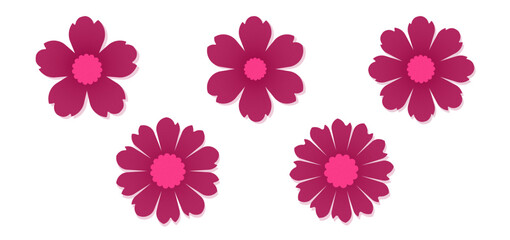 Collection of dark pink flowers with gradients and grainy texture; set of flowers for decorative works and other designs
