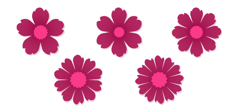 Collection of dark pink flowers with gradients and grainy texture; set of flowers for decorative works and other designs