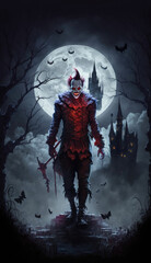 Scary clown full body infront off a full moon with castle, generative AI halloween clown 
