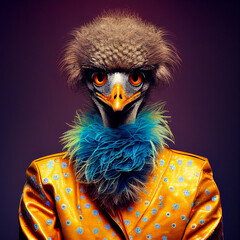 Realistic lifelike emu bird in fluorescent electric highlighters ultra-bright neon outfits, commercial, editorial advertisement, surreal surrealism. 80s Era comeback.