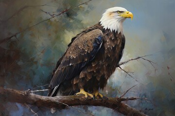 American Eagle Perched on a Branch in Acrylic Painting, Impressionistic Style. Generative AI