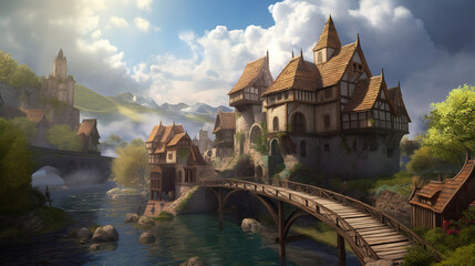 Fototapeta premium 3d landscape fantasy village illustration. Generative AI.