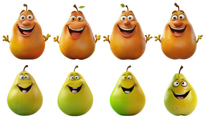 eight illustrations of ripe and unripe pears with a smiling face, Generative AI