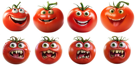 Tomatoes with smiling faces and angry faces on a transparent background, Generative AI - obrazy, fototapety, plakaty
