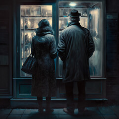 Naklejka premium Couple looking at the window of a store. Generative AI.